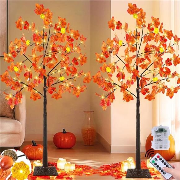 2 Pack 4 Ft Prelit Lighted Fall Maple Tree Halloween Fall Decorations - Picture 1 of 7